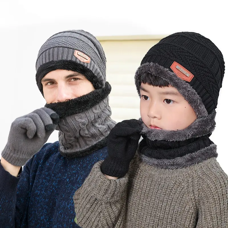 Otoño Invierno Cálido Niños Adultos Beanie Gorra para padres e hijos Bufanda y guantes con etiqueta de cuero