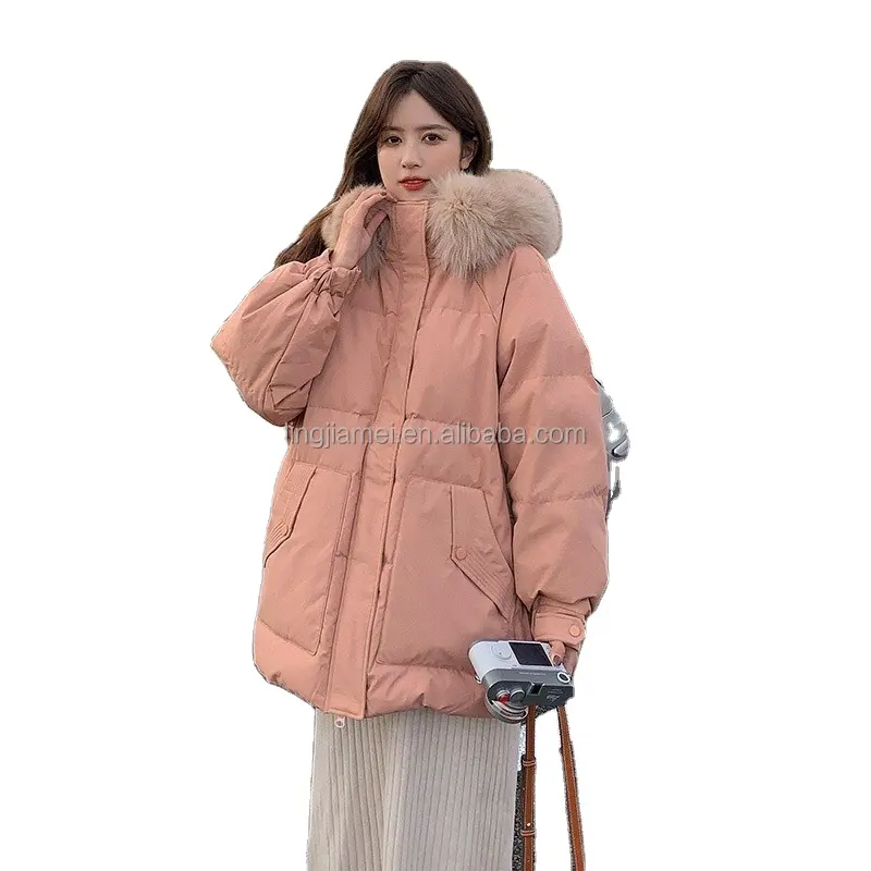 Abrigo de cuello de piel grande Abrigo de otoño e invierno Nueva moda Coreana de gama alta Cintura engrosamiento Parka con capucha Chaqueta de invierno delgada para mujer