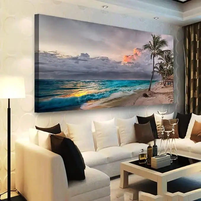 Cuadros de playa, arte de pared, impresiones en lienzo, cartel de paisaje marino, decoración de baño, pintura de árbol verde océano azul
