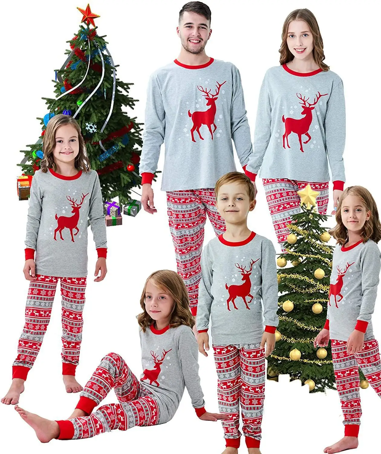 Conjunto de ropa de día de Navidad para padres e hijos, trajes con patrón de ciervo, tops de algodón 100% + Pantalones, trajes familiares