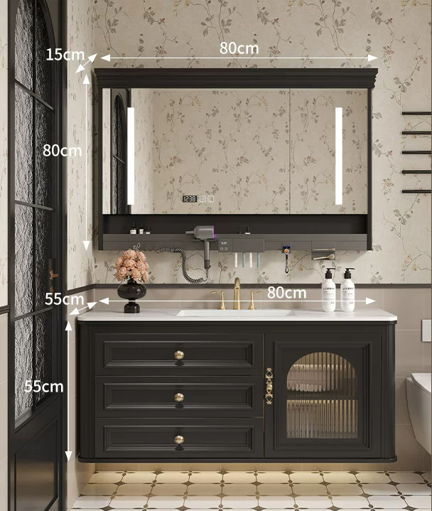 Encimera de piedra integrada de 80 cm con fregadero cerámico + mueble inteligente