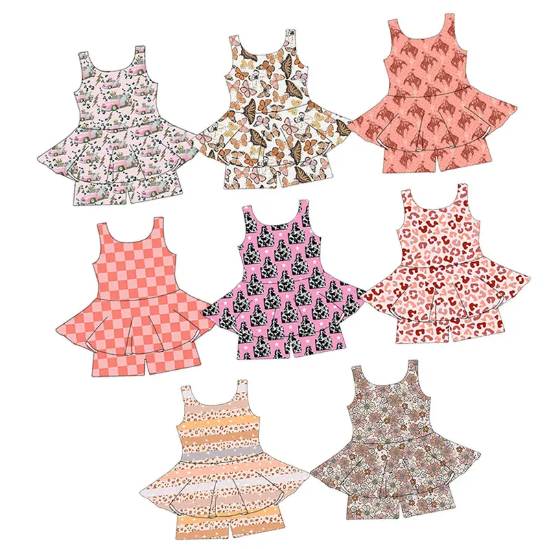 2023 Kids Skirted Romper Com Botão Snap Custom Print Leite Tecido De Seda Bebê One Piece Leotard Meninas Bubble Ruffle Romper