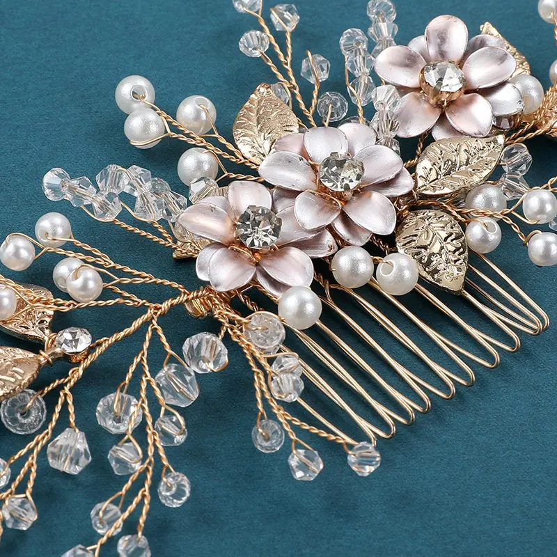Pente de cristal de pérola dourado nobre e elegante feito à mão para cabelo de noiva acessórios para cabelo feminino