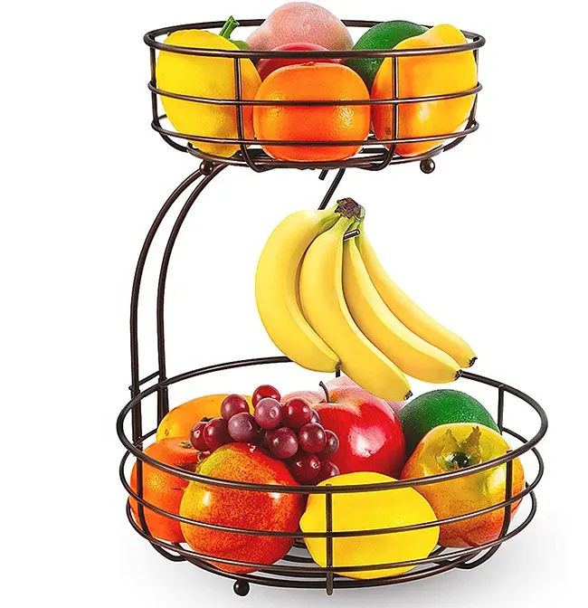 Organizador de juguetes de cocina, estante de exhibición de metal con logotipo OEM para tienda, Mostrador de 2 niveles, soporte de cesta de fruta con gancho de plátano, barato