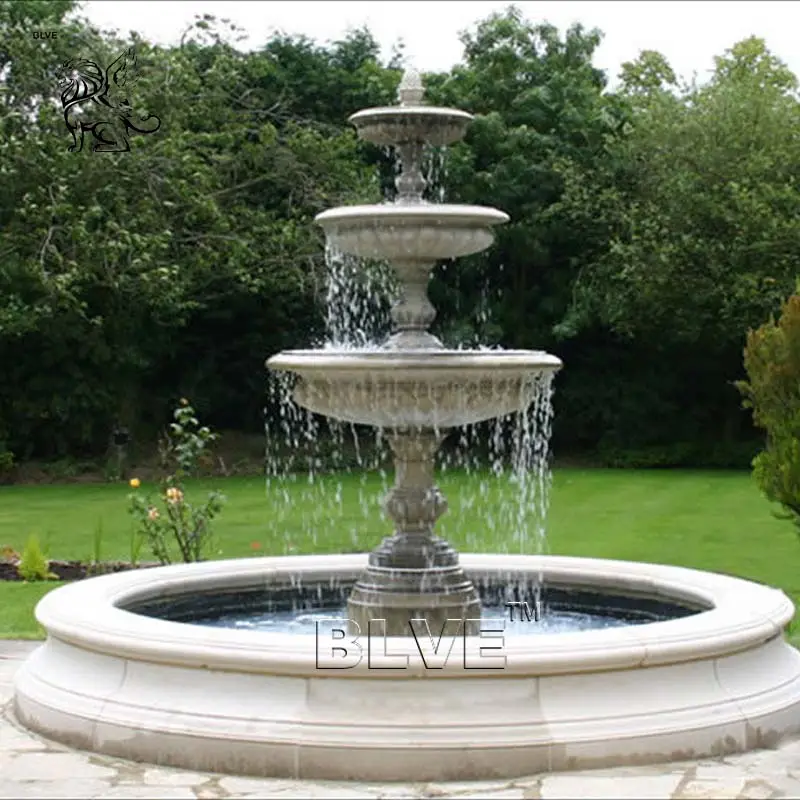 BLVE clásico al aire libre jardín Parque decoración europeo blanco mármol fuente piedra Natural tres niveles fuente de agua