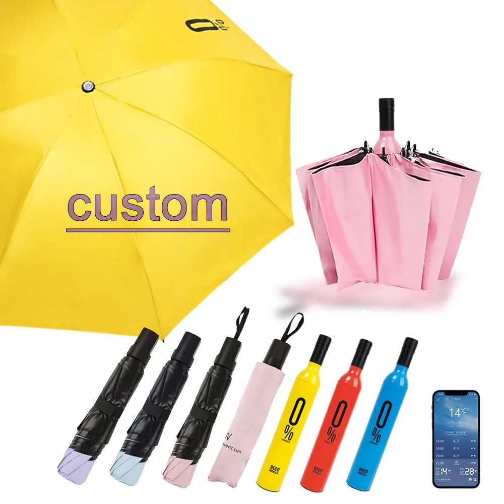 Fabrika satış 16-ribs basit düz erkek iş hediye ahşap saplı Logo ile 3 otomatik katlanır mini şemsiye