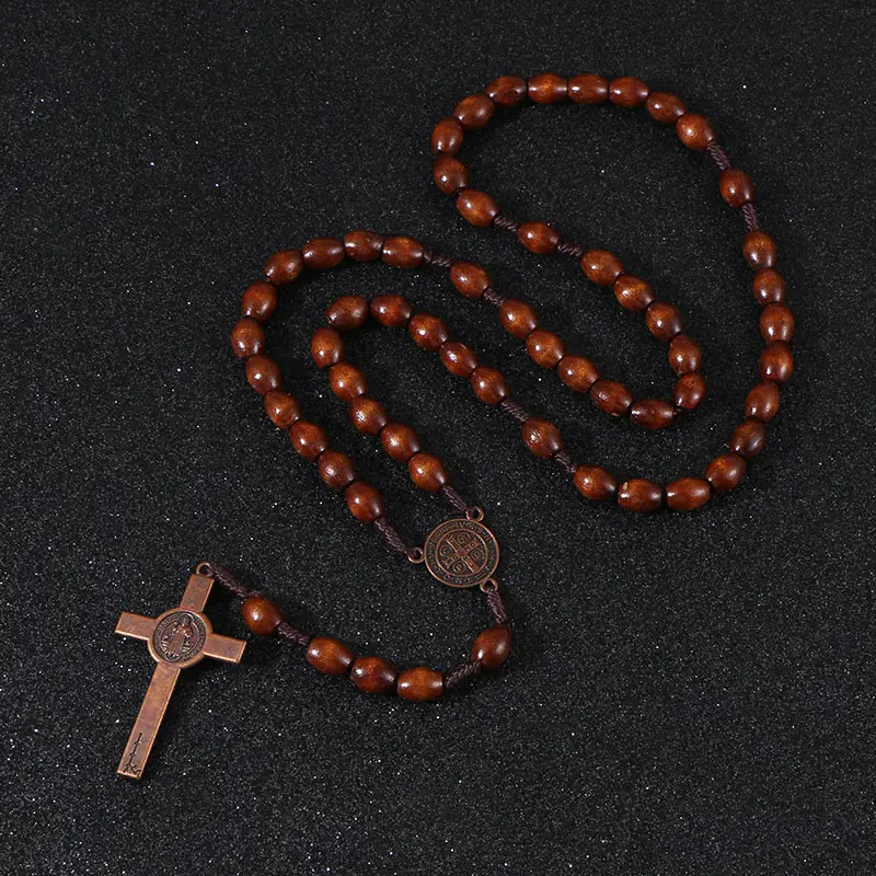 Cuentas de madera con colgante de cruz, cadena de cuerda tejida, collar religioso, accesorios de joyería, R-192