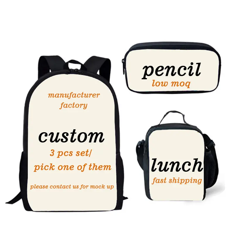 Custom Print Your Design Photo Pattern Logo bookbag 3 pcs Back Pack Kids School Backpack Bags Set