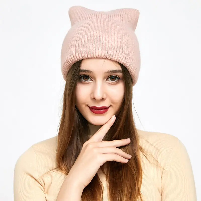 Gorro YT de malha acrílica com orelhas, gorro fofo com logotipo personalizado para mulheres, fabricante de gorro com orelhas de gato