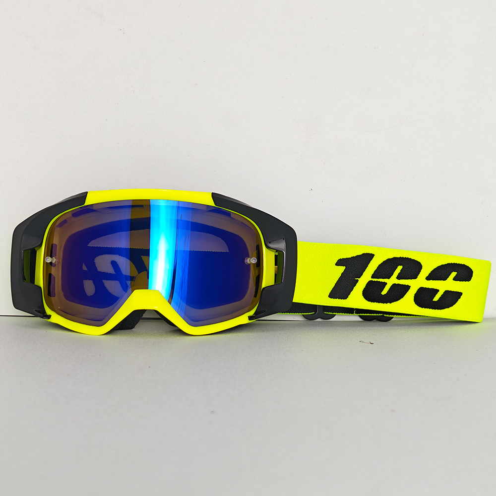 Gafas azules con montura negra y amarilla.
