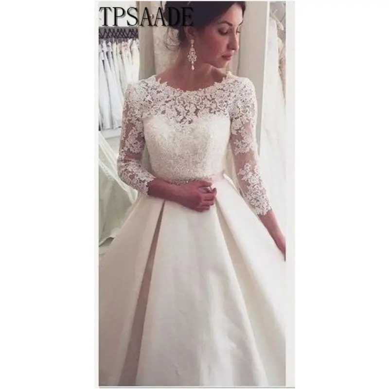 Di modo Illusion Appliqued Merletto 3/4 Sleeve O-Collo Cintura Con Fiocco Abito Da Sposa In Raso Abito Da Sposa Classico WF250