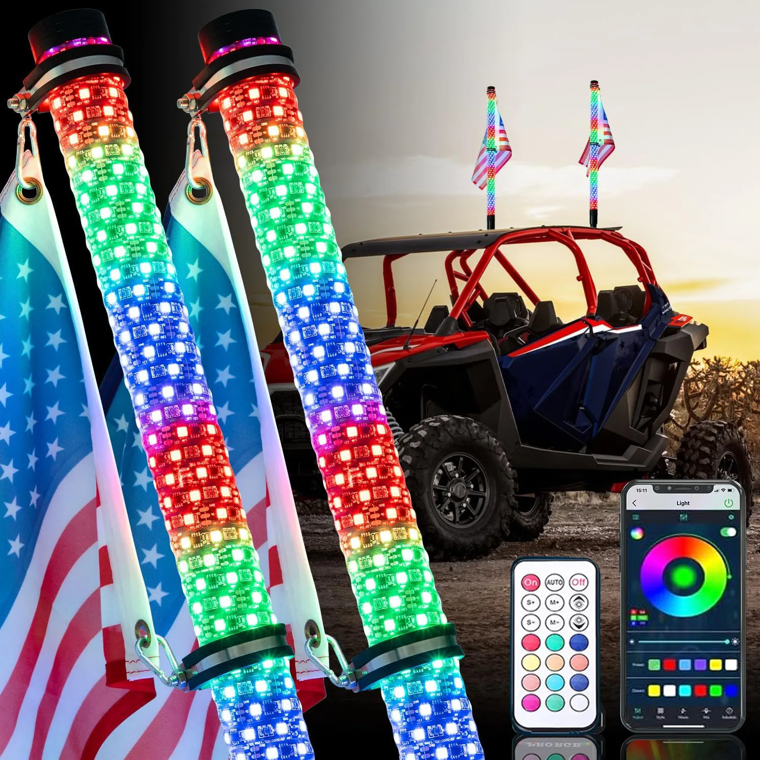 1ft 40cm 1.75 Inch ATV UTV Whip Light Led Whip Lights RGB Color changing car flag pole lights with Flag for offroad truck