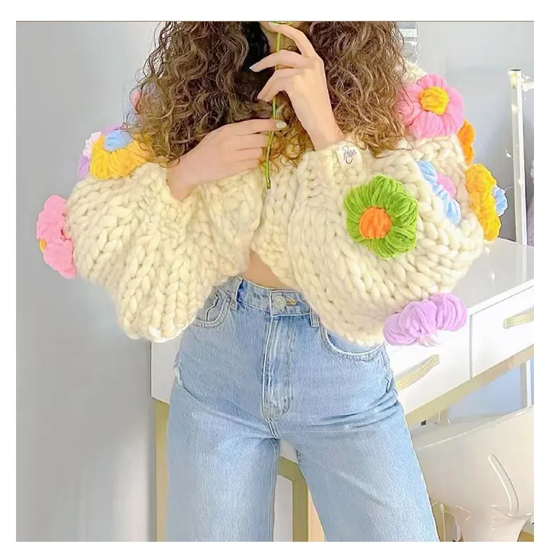 2023 Tricô Plus Size Flor Grossa Chunky Design Feminino Handmade Meninas De Lã Cropped Crochet Cardigan Camisola