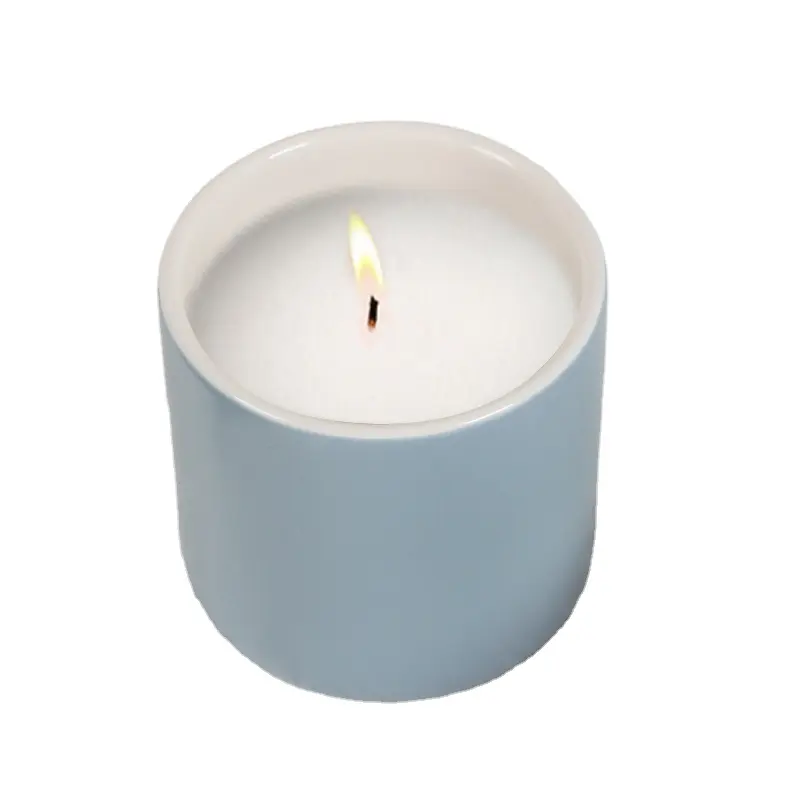 Blue Sublimation Matte Candle Packaging Bulk Ceramic Candle Holder Jar With Bamboo Wooden Lids