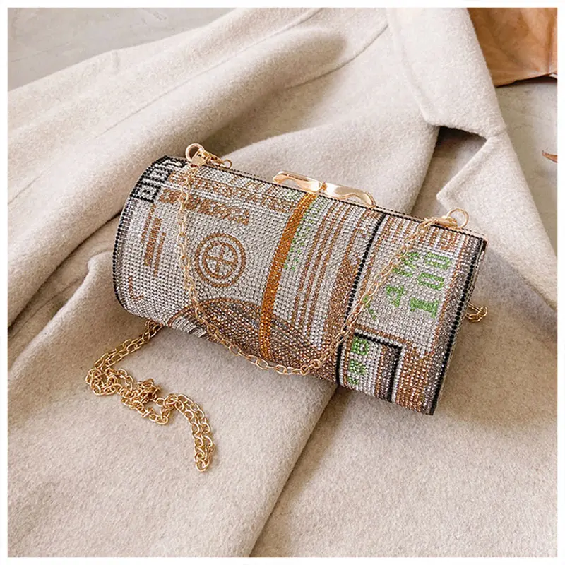 Kristal elmas boyama akşam el çantası kadınlar yuvarlak küçük dolar çanta lüks tasarımcı çanta zinciri omuzdan askili çanta