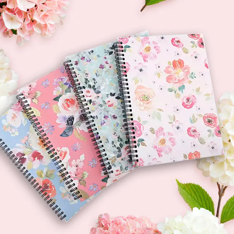 Cuaderno espiral encuadernado con diseño de flores de tapa dura de buena calidad con Cuaderno de cuero de varios tamaños cuadernos A5 para estudiantes