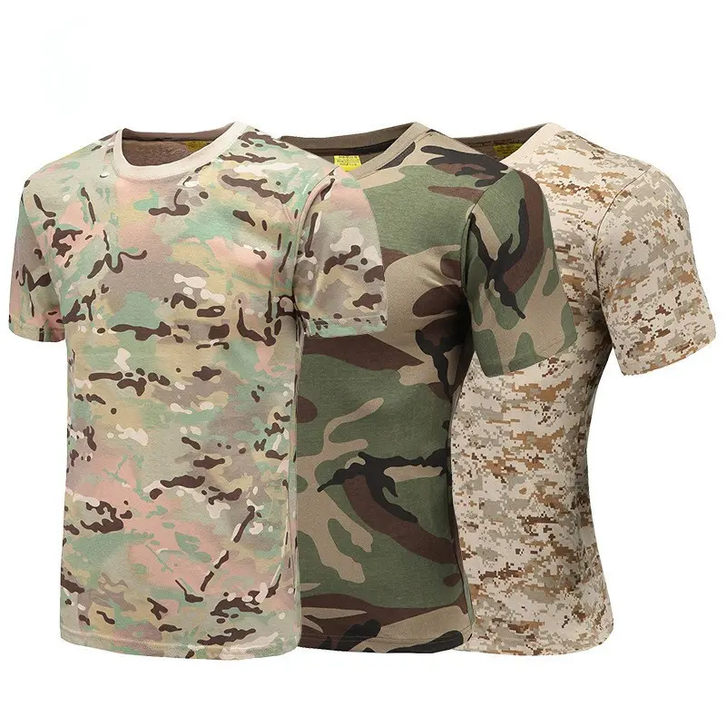 Fábrica de vendas diretas de todo o algodão camuflagem verde militar respirável manga curta ao ar livre treinamento T-shirts