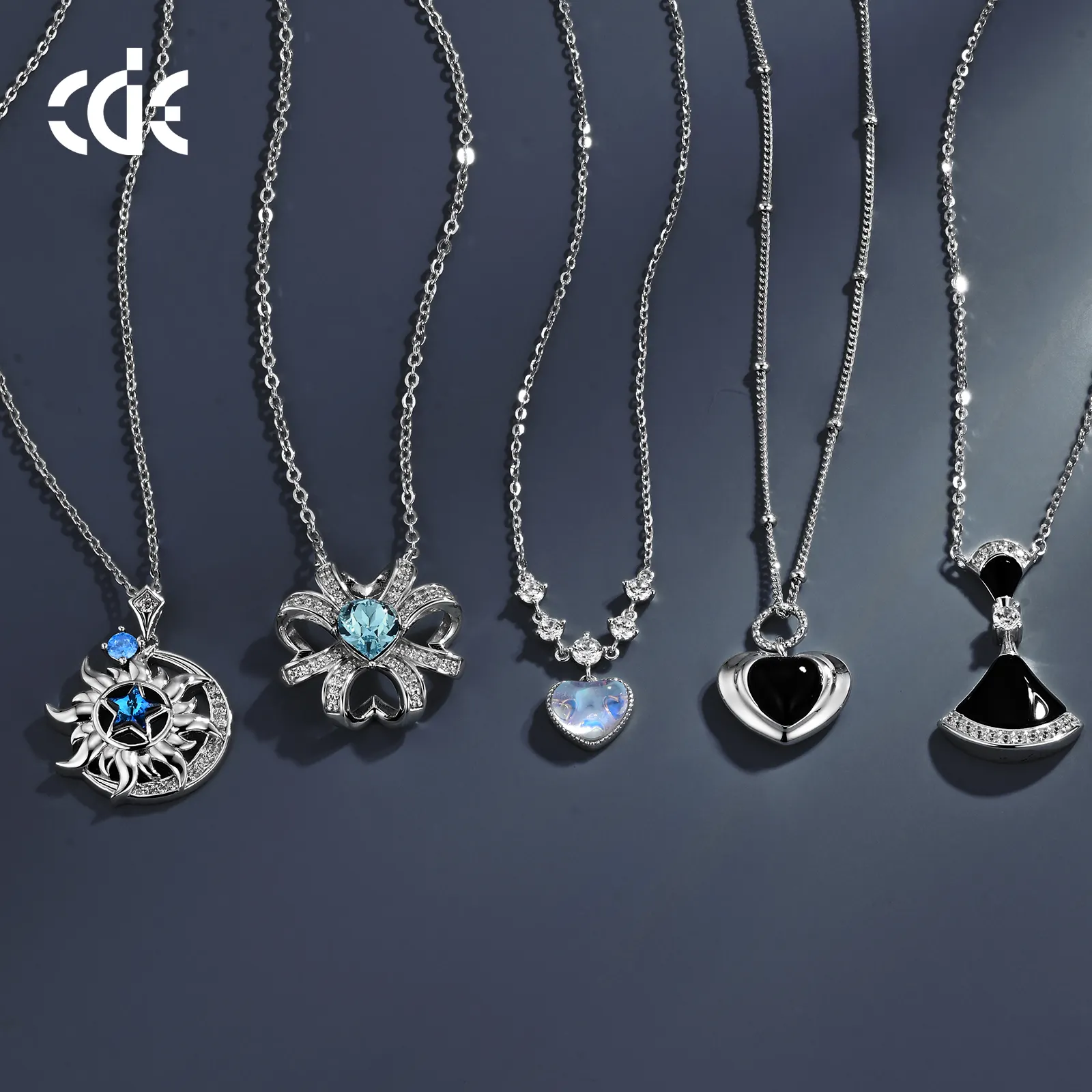 CDE ssyn010 sáng tạo đồ trang sức 925 Sterling Silver Star-Moon-Sun Totem Vòng cổ bán buôn Rhodium mạ màu xanh pha lê Vòng cổ