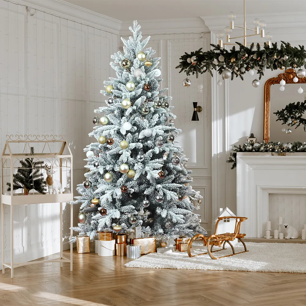 2023 Venta al por mayor Novela Decoración de Navidad Artificial Flocado BLANCO PE/PVC Material Árbol de Navidad