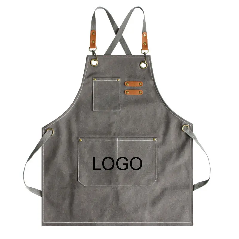 Delantal de lona de algodón encerado con Logo personalizado para hombre, delantal de trabajo de Pvc blanco, resistente, con bolsillos de cuero Pu, color gris