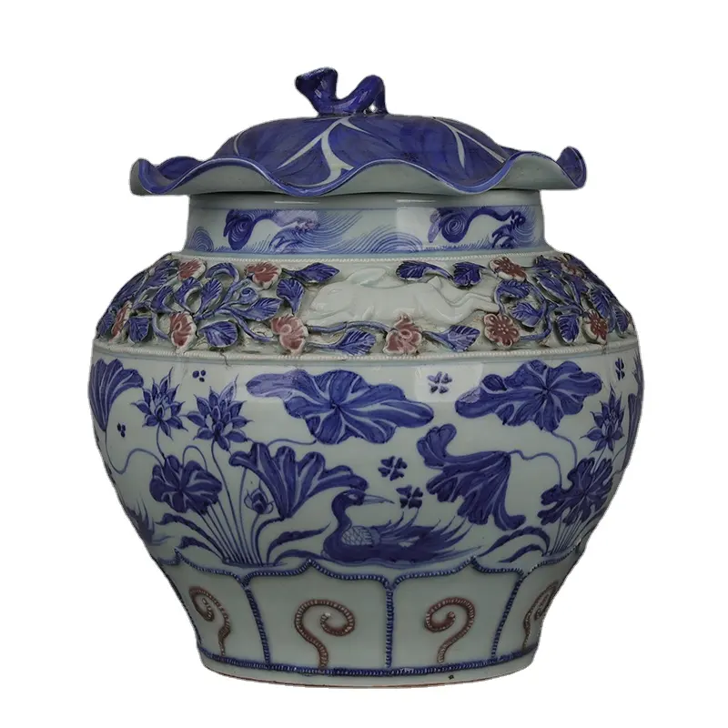 Chinois Antique Dynastie Yuan Bleu et Blanc Mandarin Canard Jouant Motif D'eau Feuille De Lotus Couvercle Pot décors à la maison vases en céramique