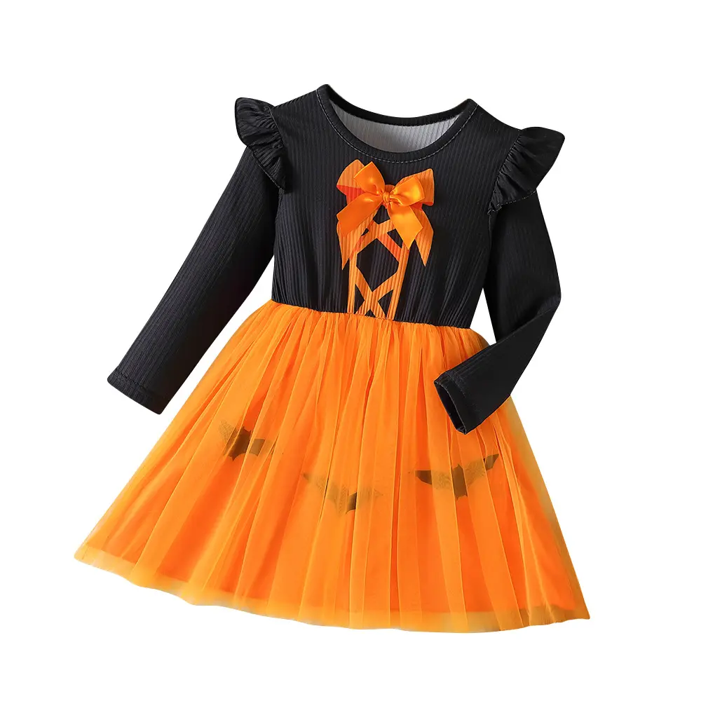 秋の新しいオレンジ色のハロウィーンの女の子のドレス個性ハロウィーンスタイルのドレス弓スプライスガーゼドレス卸売