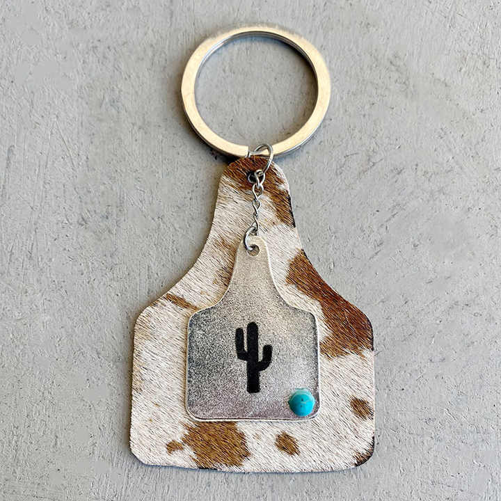 Exquisite Western Style Alloy Turquoise Pendant Bull Cowtag Brand Leather Key Chain Lady Exquisite Gift