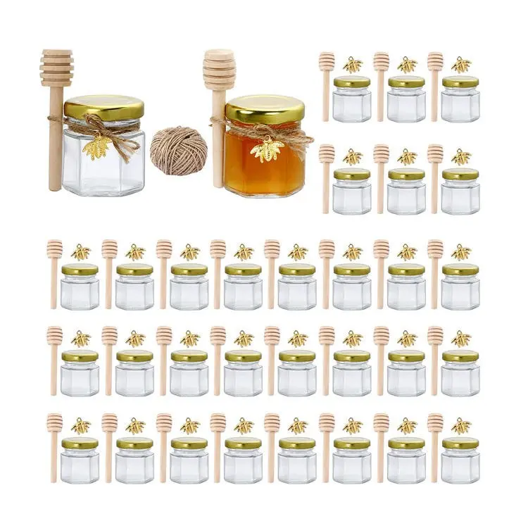 Venta al por mayor precio barato de lujo mini vacío de alta calidad 1,5 Oz hexágono mini botellas de miel de vidrio tarros con tapas y etiquetas blancas