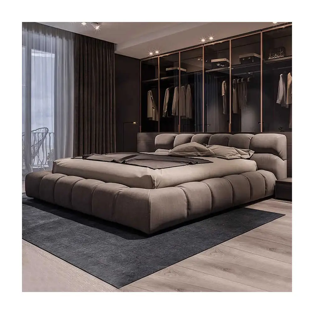 Muebles de cama de lujo de tela italiana, juegos de dormitorio, cama doble, suelo, almacenamiento de cama, cama tamaño King Simple