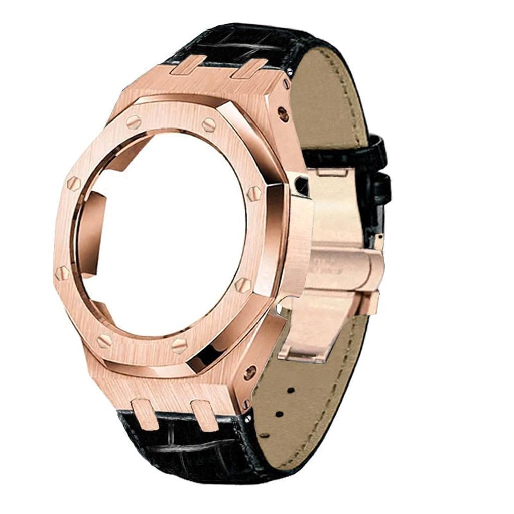boîtier en or rose bracelet en cuir noir