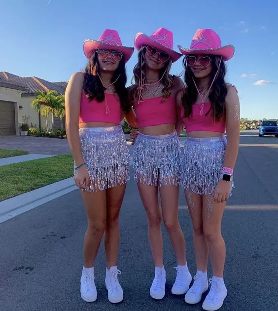Gonne con frange di paillettes e cappello rosa abbigliamento Cowgirl rosa per Costume da donna
