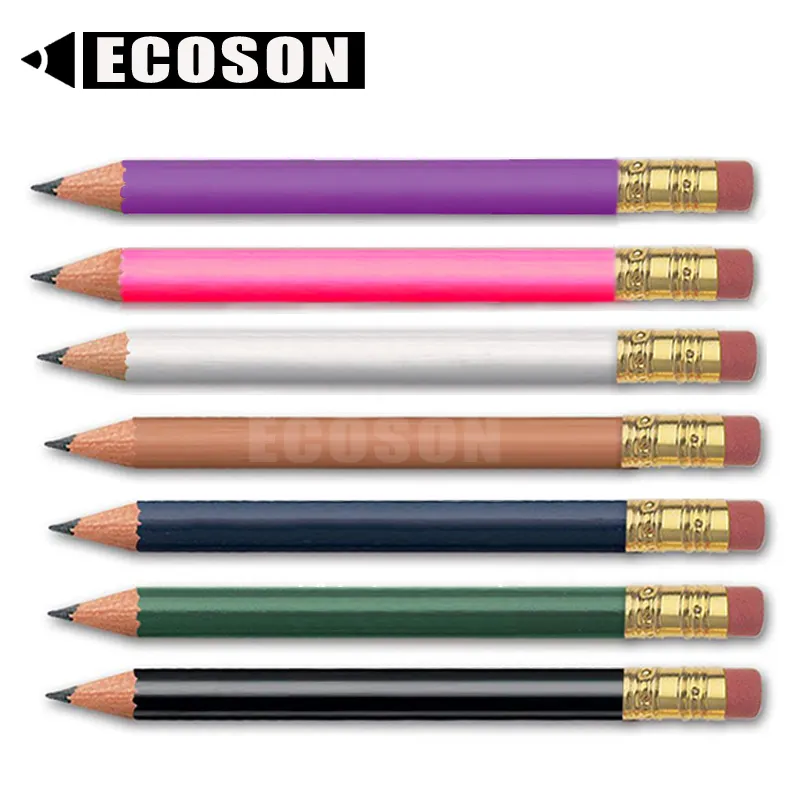 Best Silkscreen Printing Heat Stamped Custom LOGO 3.5 10cm Black Blue Purple Green Pink Natural Short Golf Pencil with Eraser