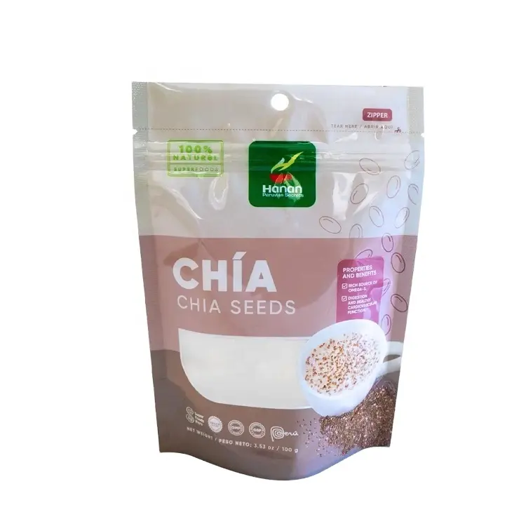 Stand up Chia Seed Verpackungs tasche Bedruckter Kunststoff-Druck verschluss Black Chia Seeds Bag mit Fenster