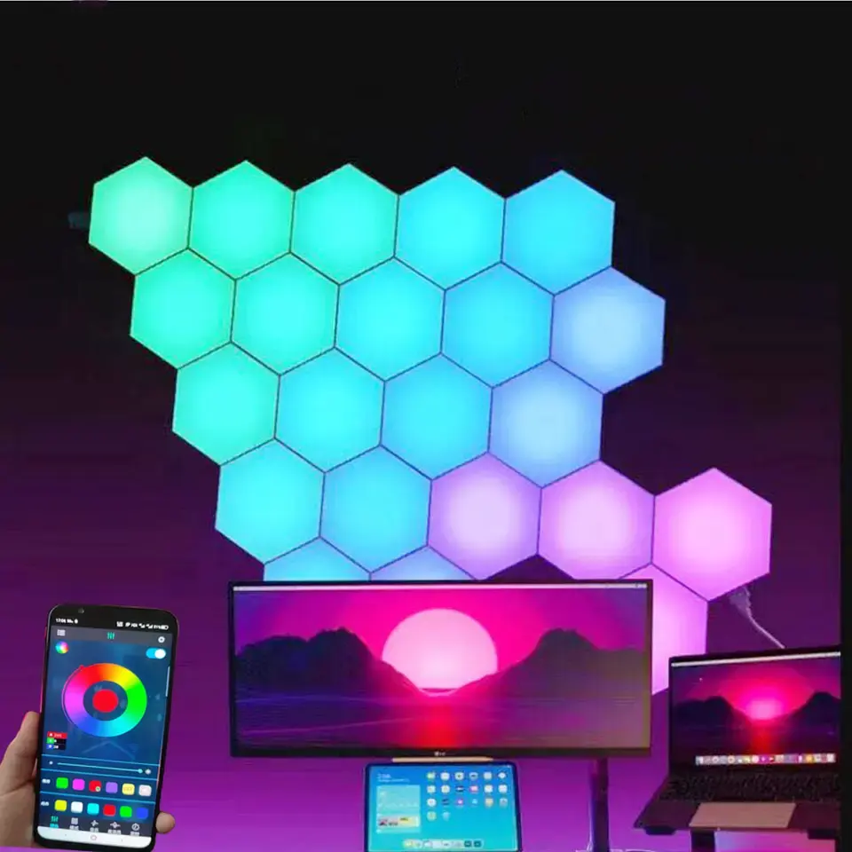 Aoying шестигранные светодиодные настенные панели RGB игровые светильники с Bluetooth-приложением умные модульные формы расширения