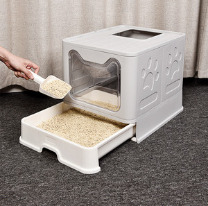 Sevimli tasarım büyük katlanabilir kedi kum kabı çekmece ile tam kapalı hayvan tuvaleti kutusu - Product Image 6