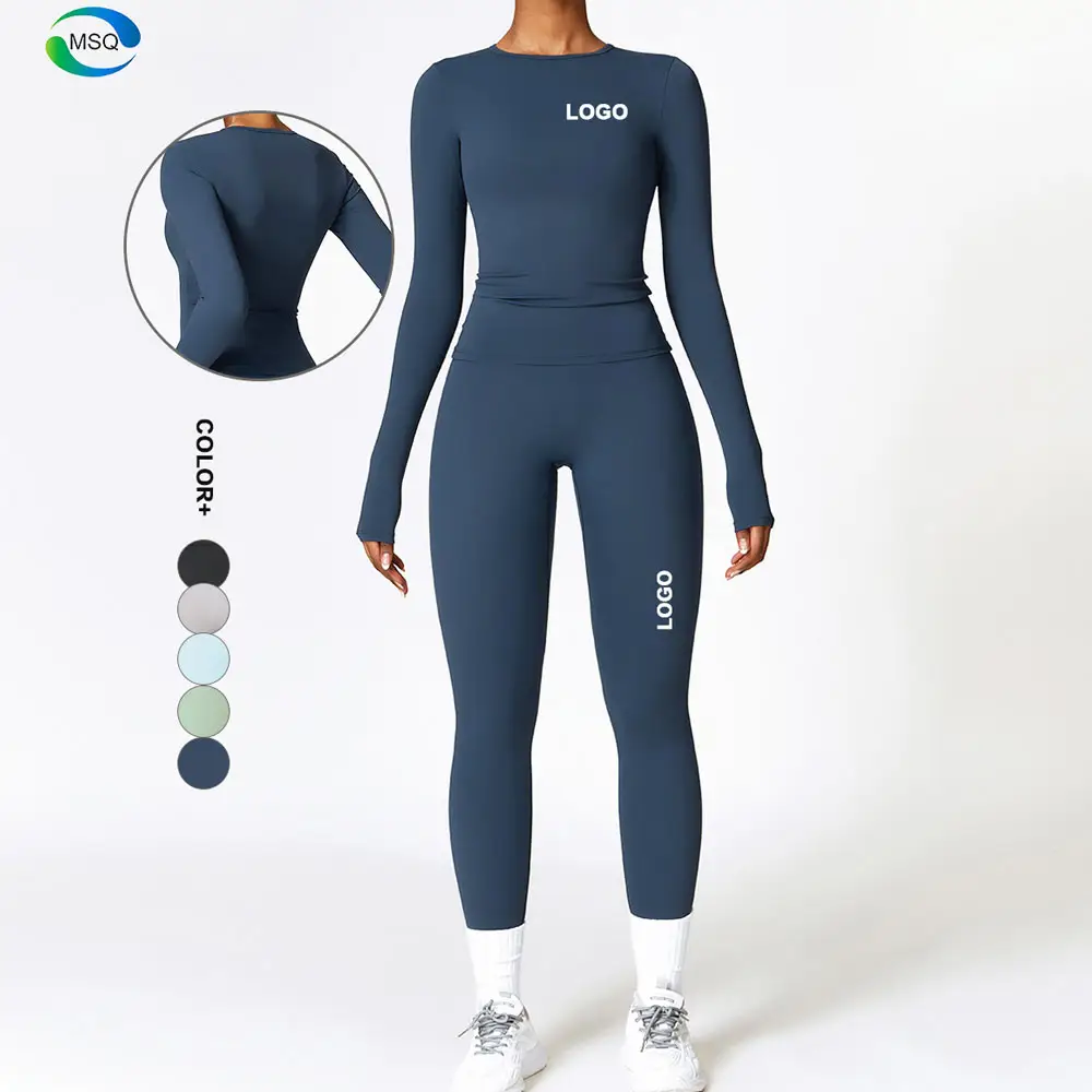 Ropa deportiva personalizada, ropa de gimnasio, Tops de cuello redondo para mujer, mallas activas de entrenamiento físico, conjuntos de manga larga para correr y Yoga para mujer