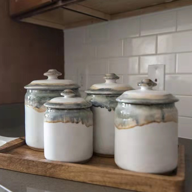 Ceramic Canister Set With Air-sealed Bamboo Lids Storage Bottles