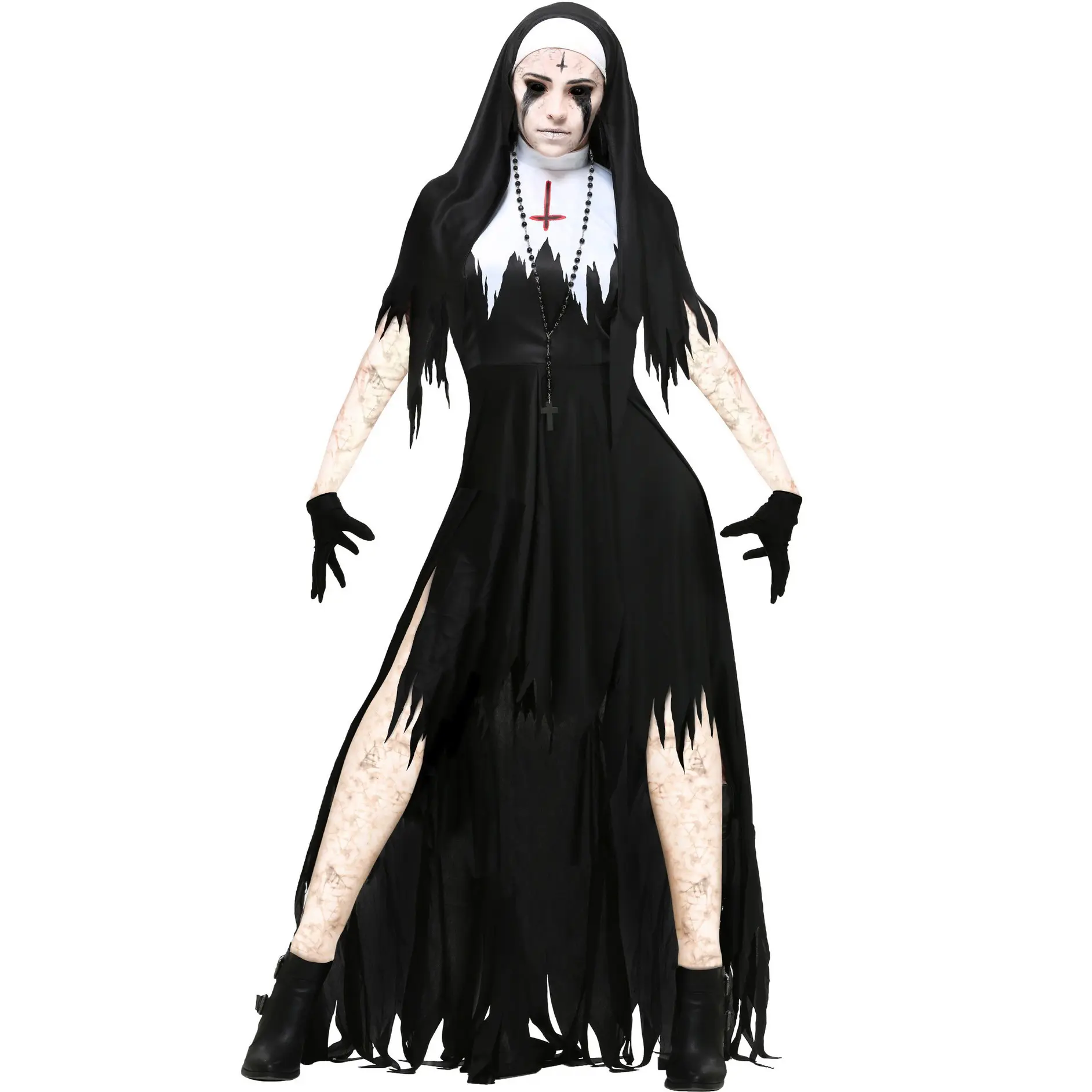 J & H Mulheres Sexy Freira Cosplay Traje De Sangue Negro Vampiro Fantasia Vestido Terror Halloween Traje De Terror