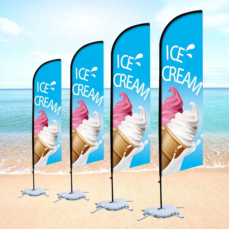 両面かき氷アイスクリームオープンセールビーチフェザーフラッグ、フラッグポールウォーターベース