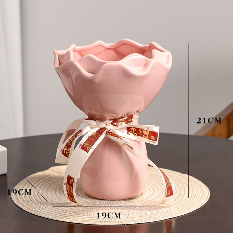 Peach pink large vase with ribbon