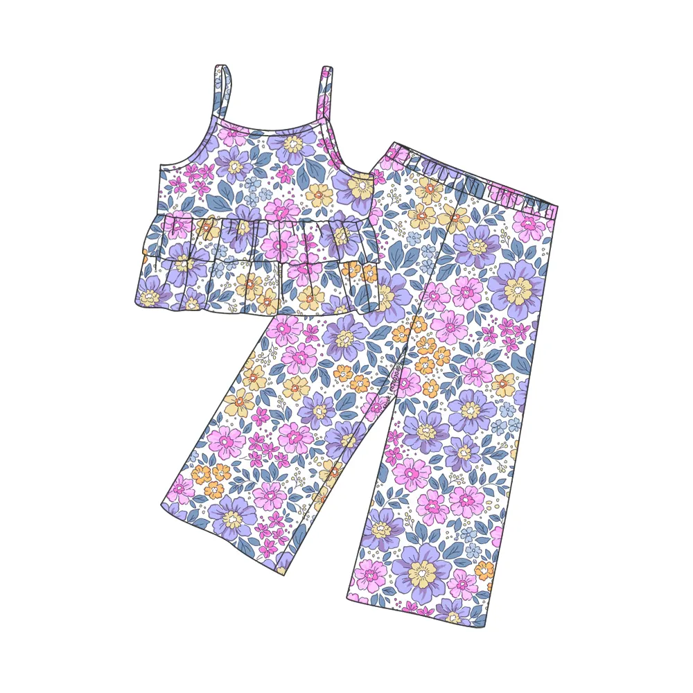 Preorder boutique flower floral print girls ruffles shirt top with pants 2 pcs outfits wholesale kid clothes set