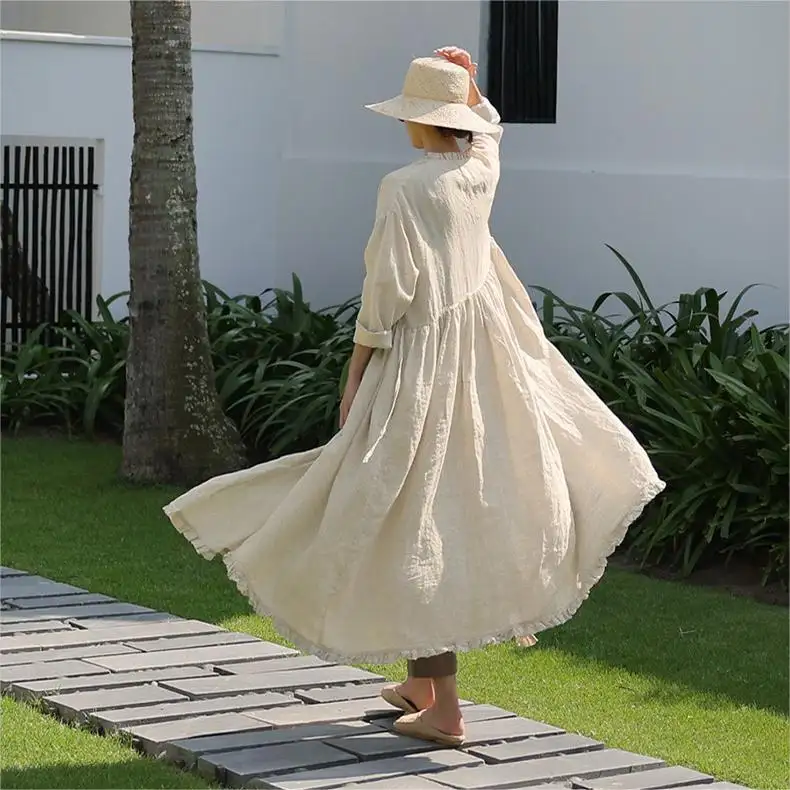 High Quality Soild Color Loose Dress Wrinkle Maxi French Cotton Linen Summer Long V Neck Dresses Women Autumn Casual Long Sleeve