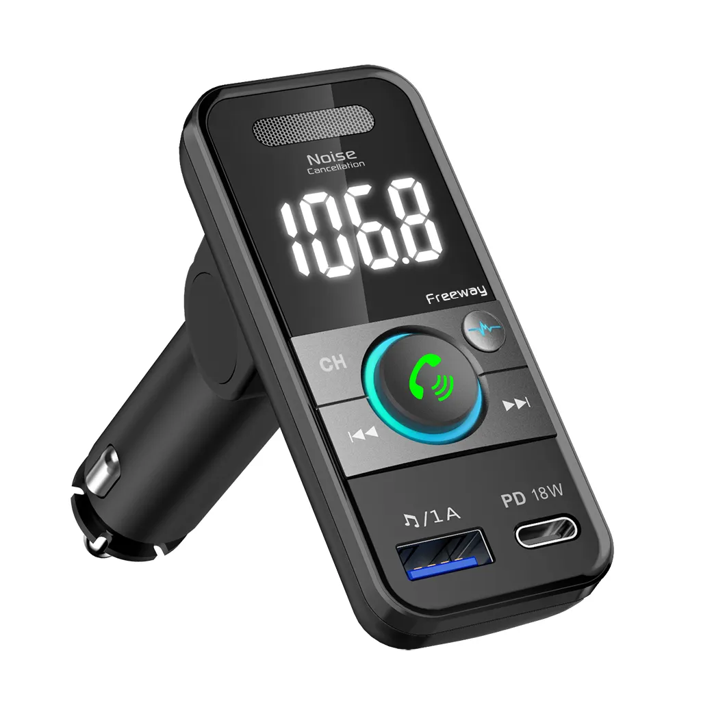 Transmissor fm para carro, qc3.0 & USB-C pd 18w rádio sem fio adaptador de música/kit do carro com graves boost