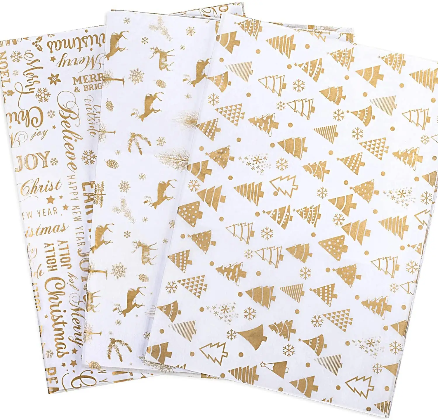 Exquisite Christmas Gold Gift Tissue Wrap Paper Xmas Tree Reindeer Snowflake Design for Holiday Wrapping Paper DIY and Craft
