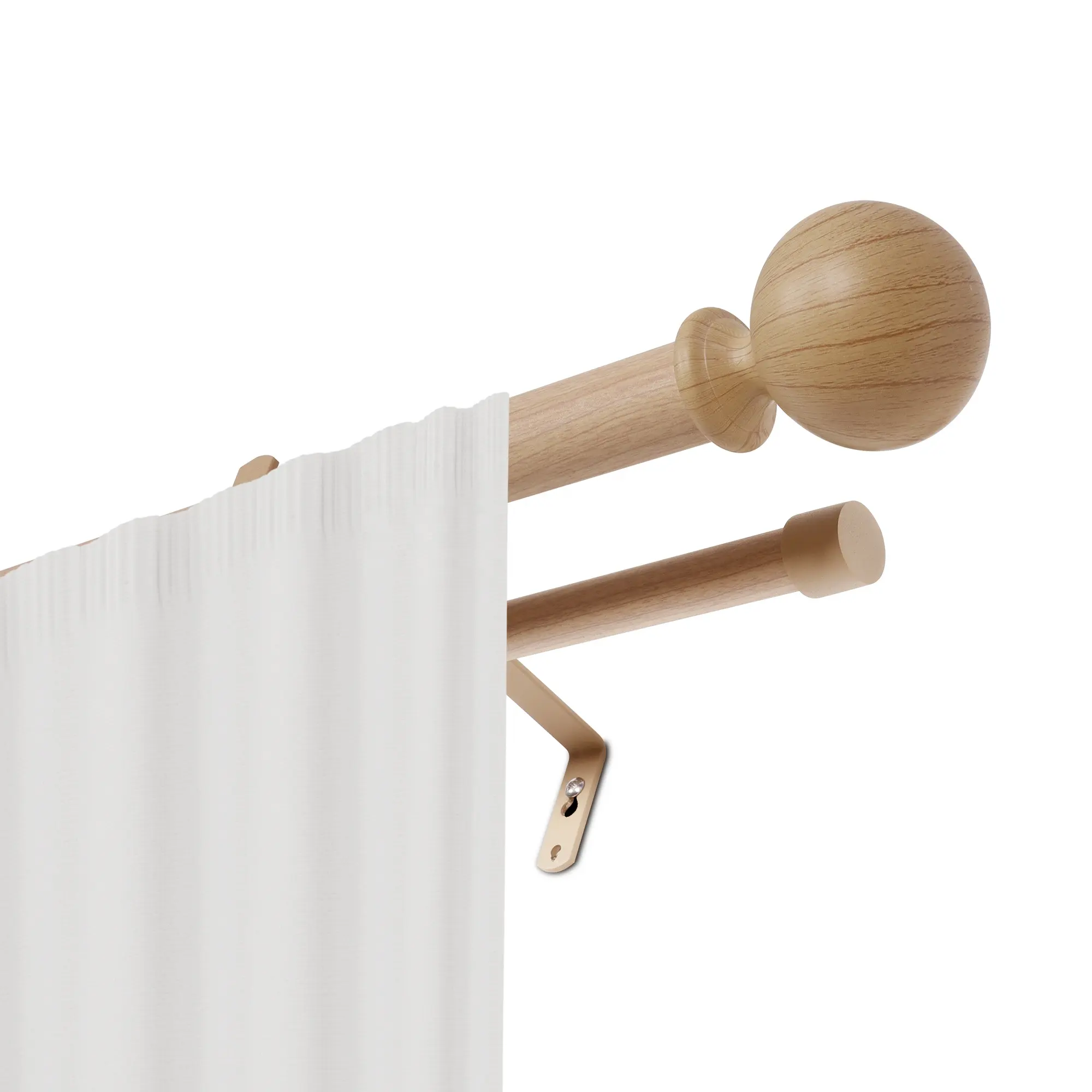 Home Metal Fashions Double Drapery Rod Ends Extendable Export Wood Grain Window Pole with Ball for South Europe Curtain