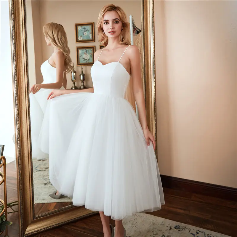 Vestido de noiva simples, vestido de noiva com alça espaguete puro-branco