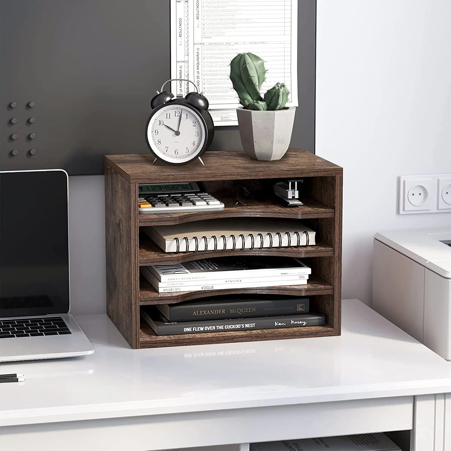 Revistero de escritorio de madera moderno, archivo de oficina, organizador de almacenamiento de escritorio de madera para uso en gimnasio, incluye estantes para libros
