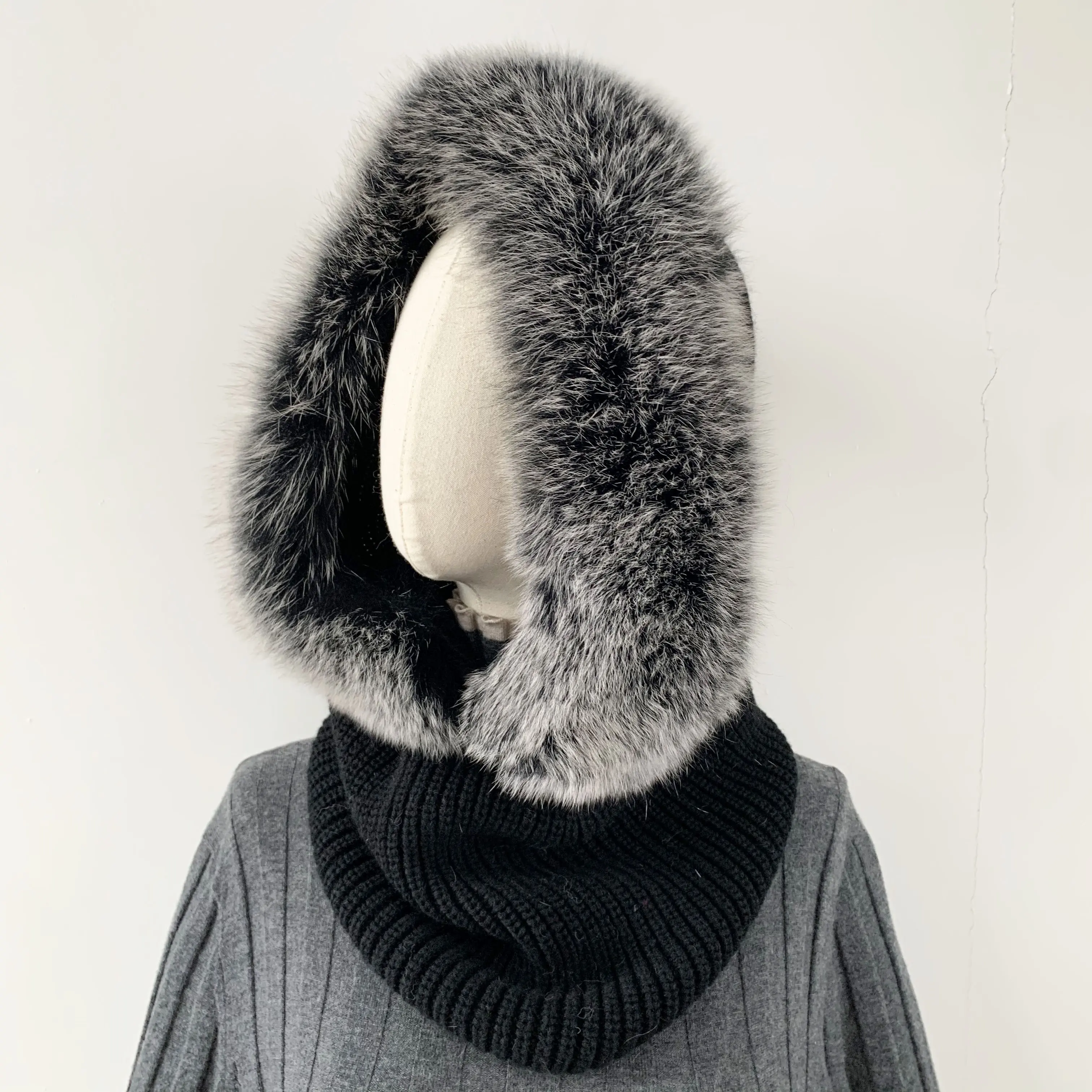 Новый дизайн, зимний Мягкий Вязаный снуд с капюшоном, женский теплый вязаный шарф из натурального Лисьего меха