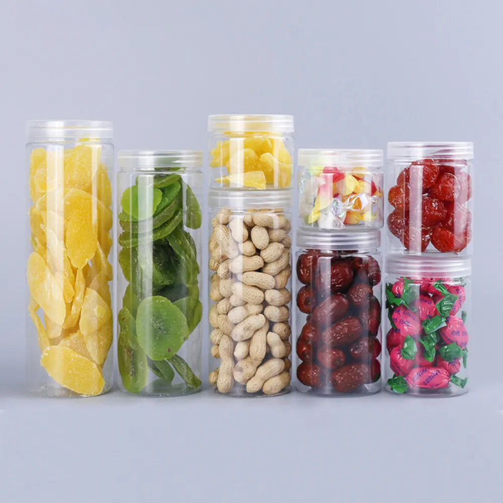 Frascos plásticos transparentes para conservas de alimentos PET, recipientes para cosméticos e especiarias