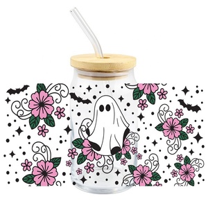 ハロウィンゴーストUV DTFカップラップ転送ステッカー防水DIYゴム16OZ <span class=keywords><strong>Libbey</strong></span>ガラスコーヒーカップPVCプラスチック製